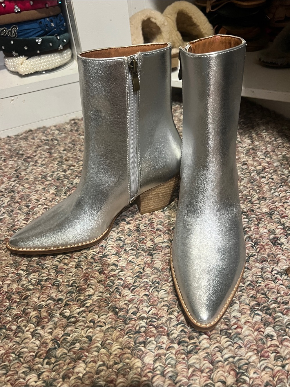 Boutique Metallic Silver Pointed Toe Ankle Boots